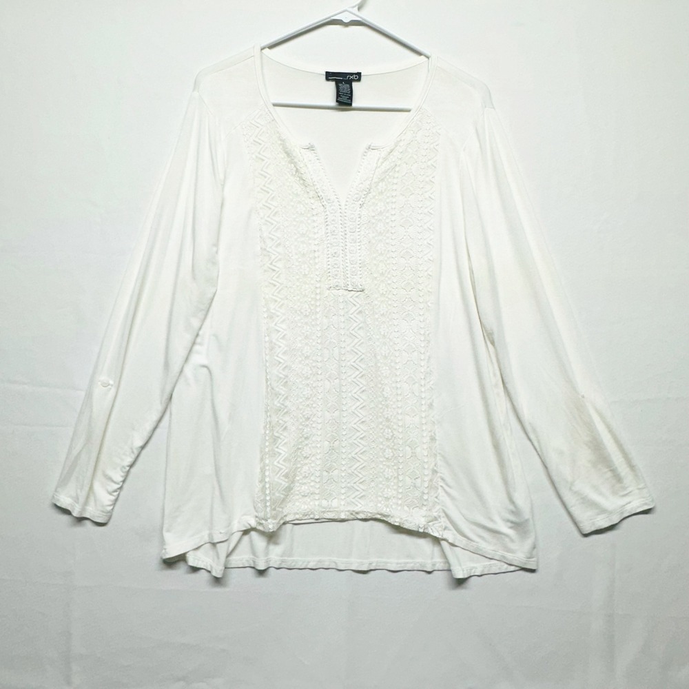 RXB Long Sleeve V-neck Blouse with Lace Overlay‎ Roll Tabs Marshmallow Women's L